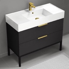 Modern Bathroom Vanity, 40 inch, Matte Black, Free Standing, Gold Handles